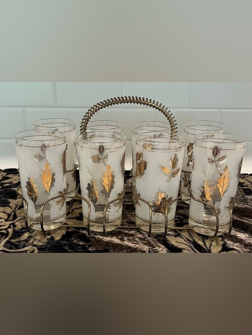 Vintage Libbey Golden Foliage Glasses Set of 8 with Caddy Mid Century Modern Bar